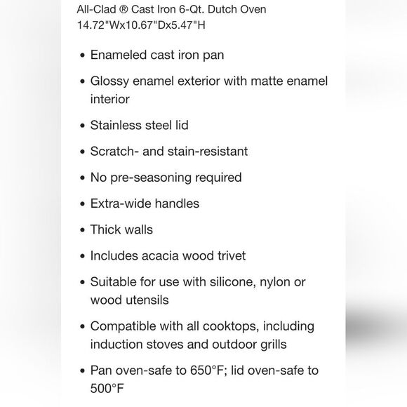 All-Clad Cast Iron 6QT Sutch Oven w/Lid & Acacia Wood Trivet - Picture 4 of 6